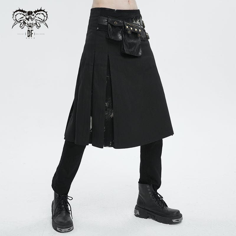 DEVIL FASHION Men's Gothic Tie-dyed Splice Kilt with Waistbag