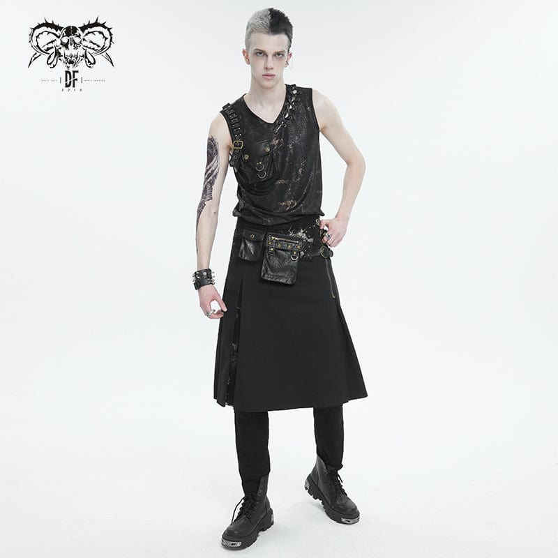 DEVIL FASHION Men's Gothic Tie-dyed Splice Kilt with Waistbag