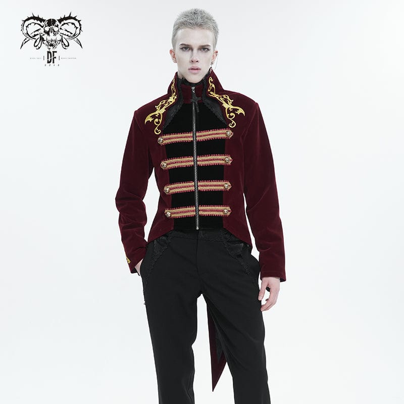 DEVIL FASHION Men's Gothic Totem Embroidered Swallow-tailed Coat Red