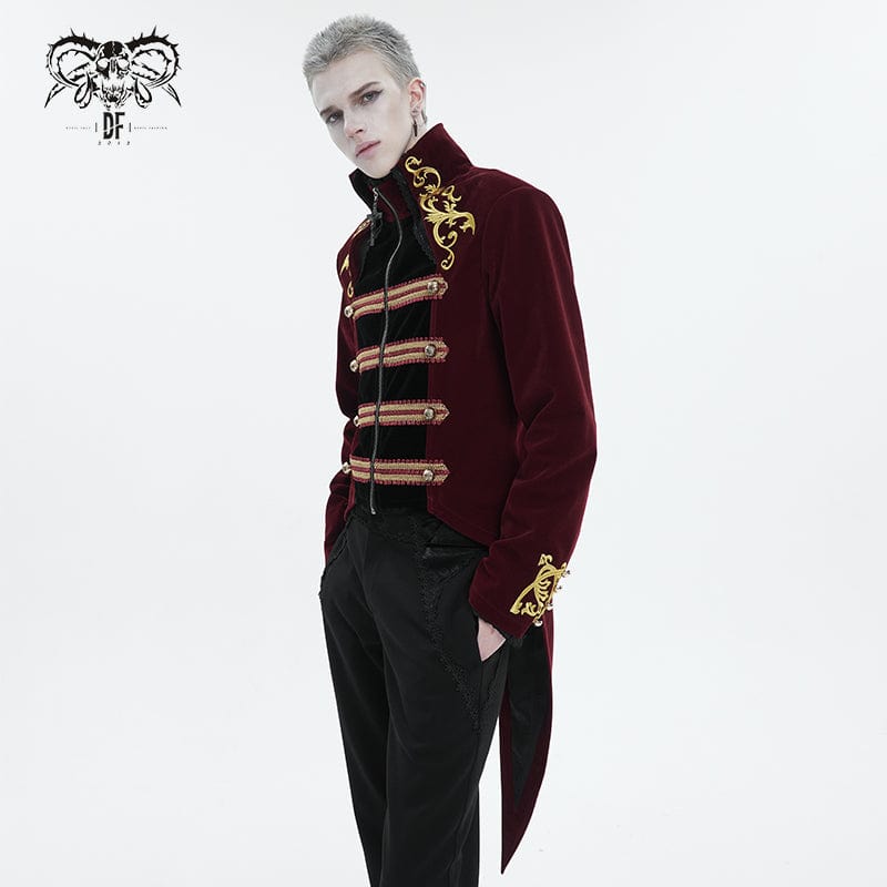 DEVIL FASHION Men's Gothic Totem Embroidered Swallow-tailed Coat Red