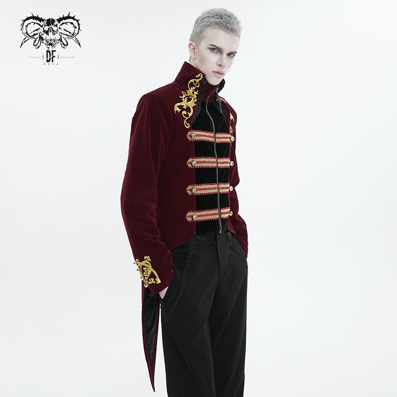 DEVIL FASHION Men's Gothic Totem Embroidered Swallow-tailed Coat Red
