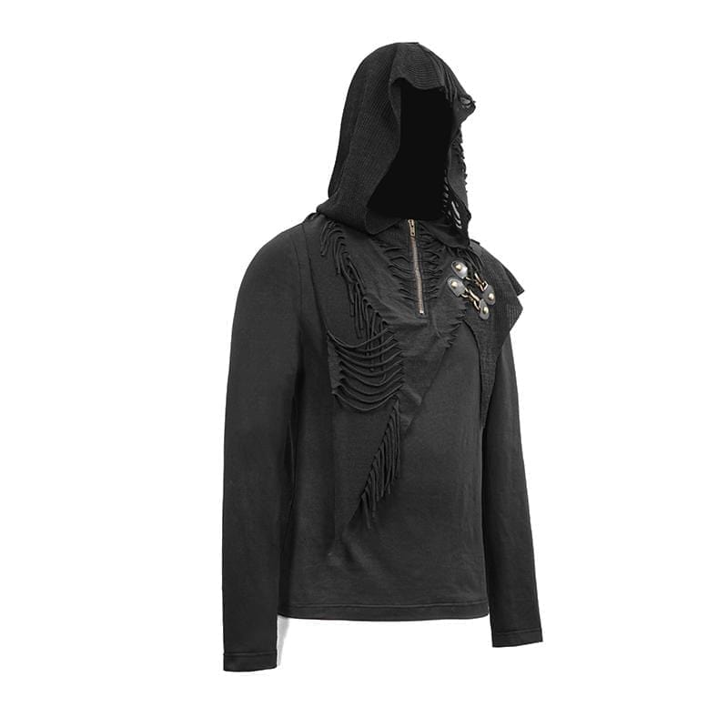 DEVIL FASHION Men's Grunge Punk Long Sleeved Cutout Tassel Hoodies