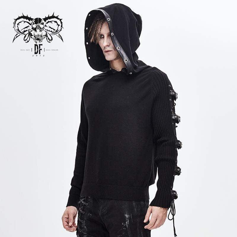 DEVIL FASHION Men's Lace-up Belts Spliced Sweaters&Hoodies