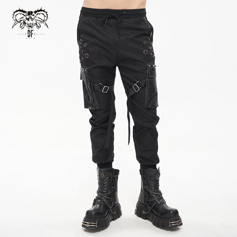 DEVIL FASHION Men's Punk Big-pocket Strap Belt Jogger Pants