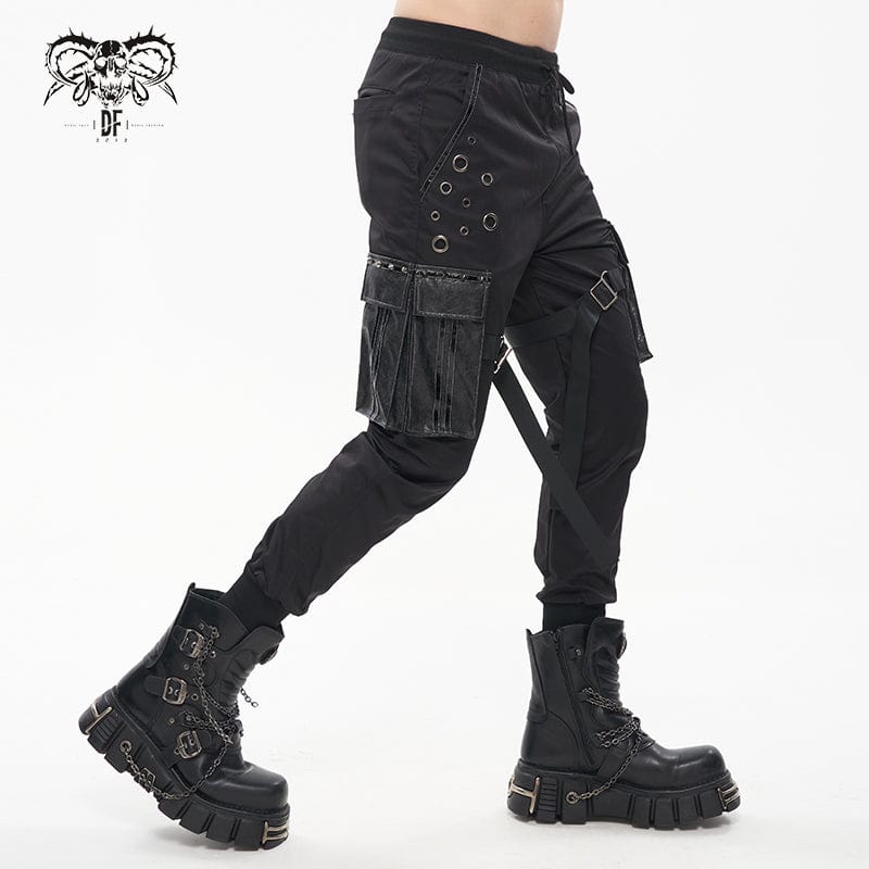 DEVIL FASHION Men's Punk Big-pocket Strap Belt Jogger Pants