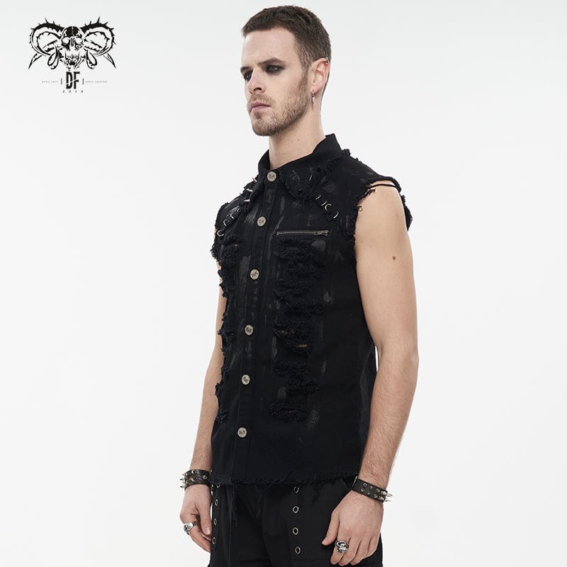 DEVIL FASHION Men's Punk Distressed Ripped Unedged Vest