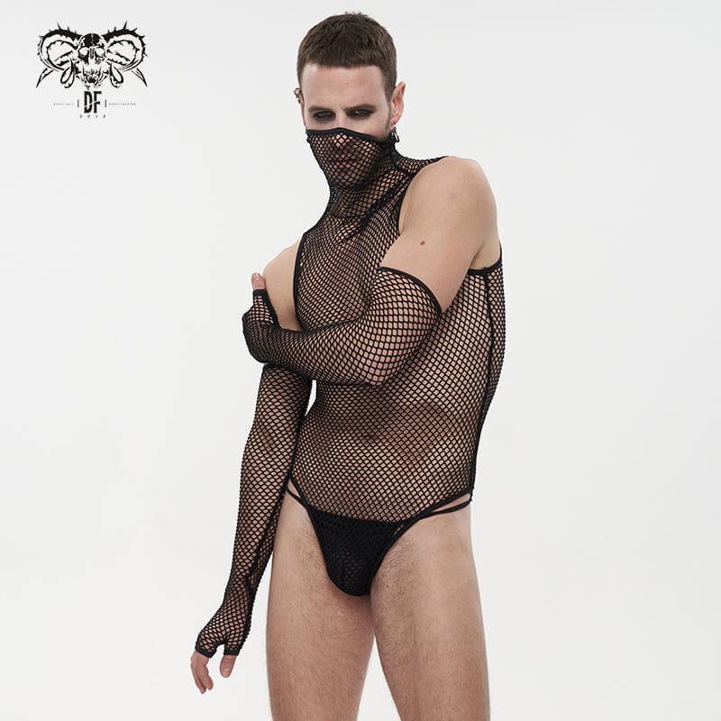 DEVIL FASHION Men's Punk High Collar Mesh Bodysuit with Oversleeves