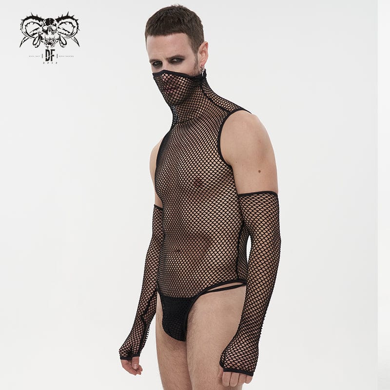 DEVIL FASHION Men's Punk High Collar Mesh Bodysuit with Oversleeves