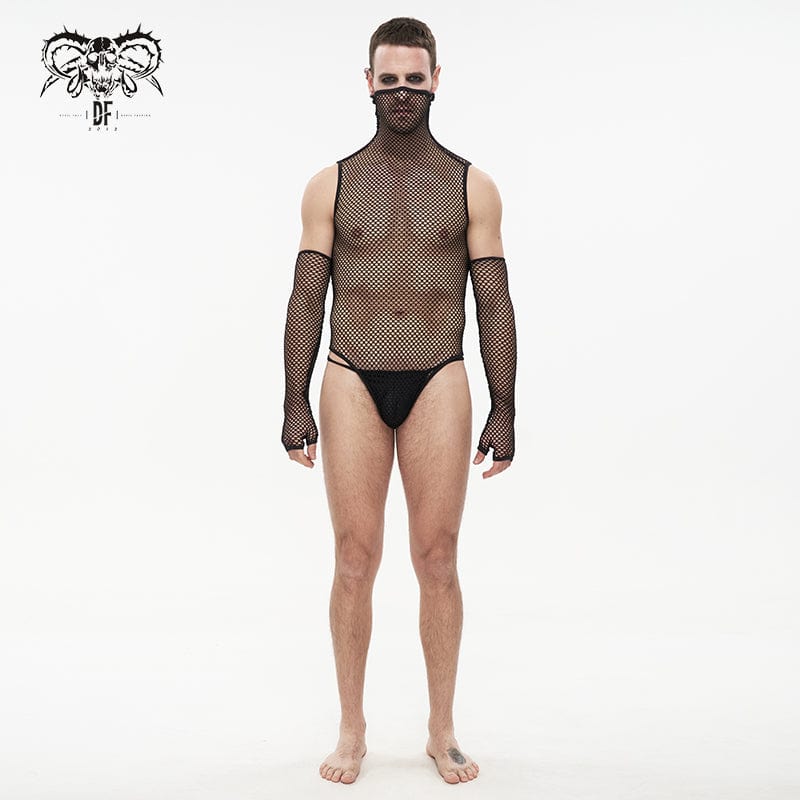 DEVIL FASHION Men's Punk High Collar Mesh Bodysuit with Oversleeves