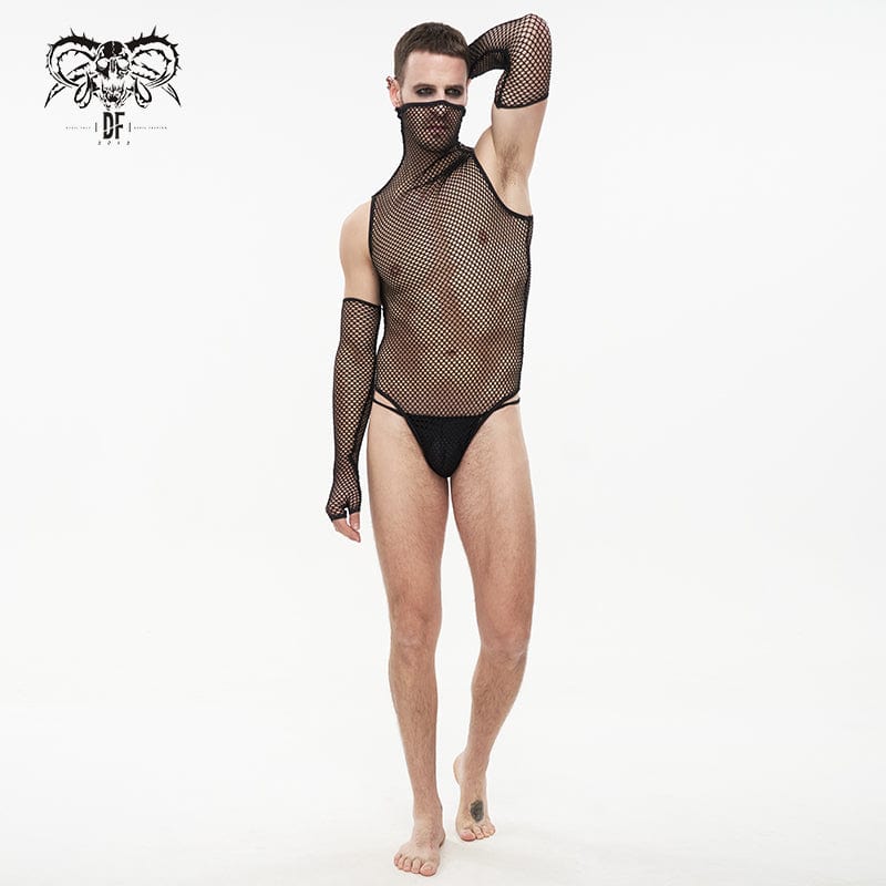 DEVIL FASHION Men's Punk High Collar Mesh Bodysuit with Oversleeves