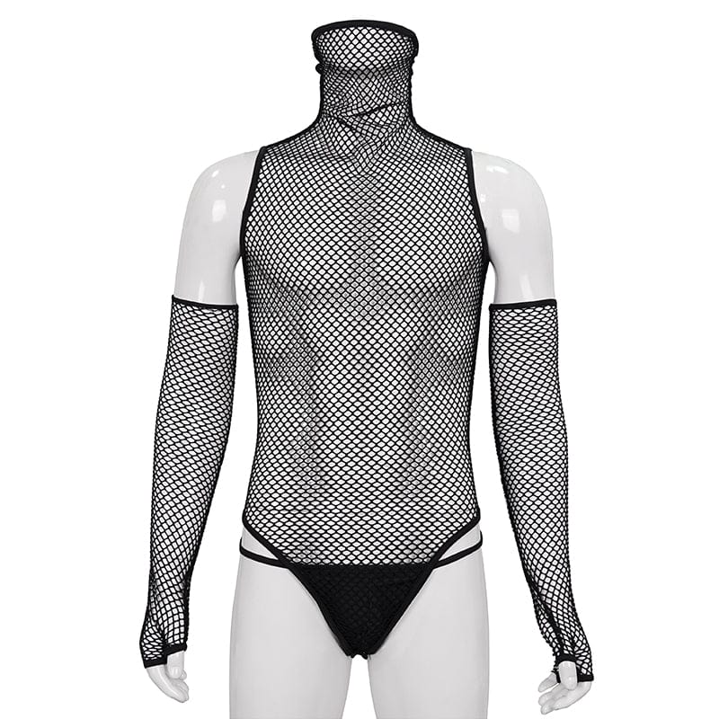 DEVIL FASHION Men's Punk High Collar Mesh Bodysuit with Oversleeves