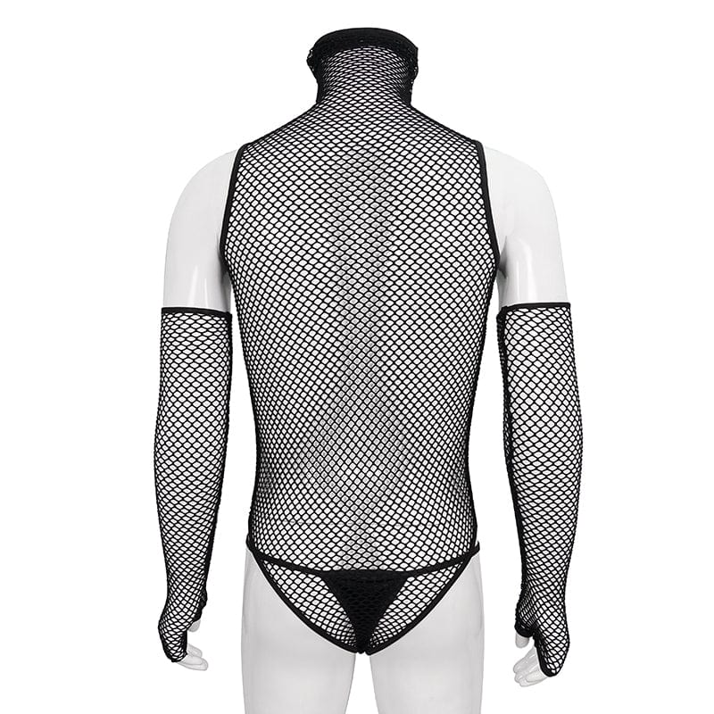 DEVIL FASHION Men's Punk High Collar Mesh Bodysuit with Oversleeves