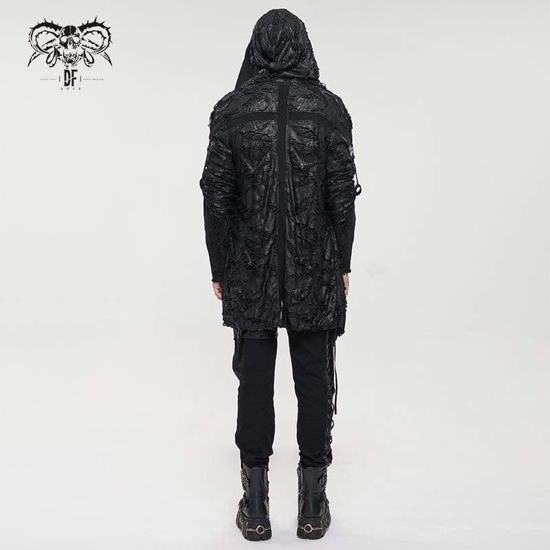 DEVIL FASHION Men's Punk Irregular Ripped Coat with Hood
