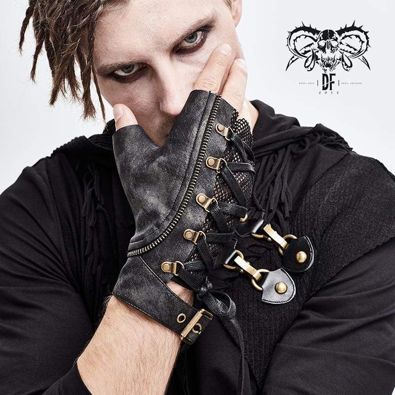 DEVIL FASHION Men's Punk Lace-up Mesh Faux Leather Half Gloves