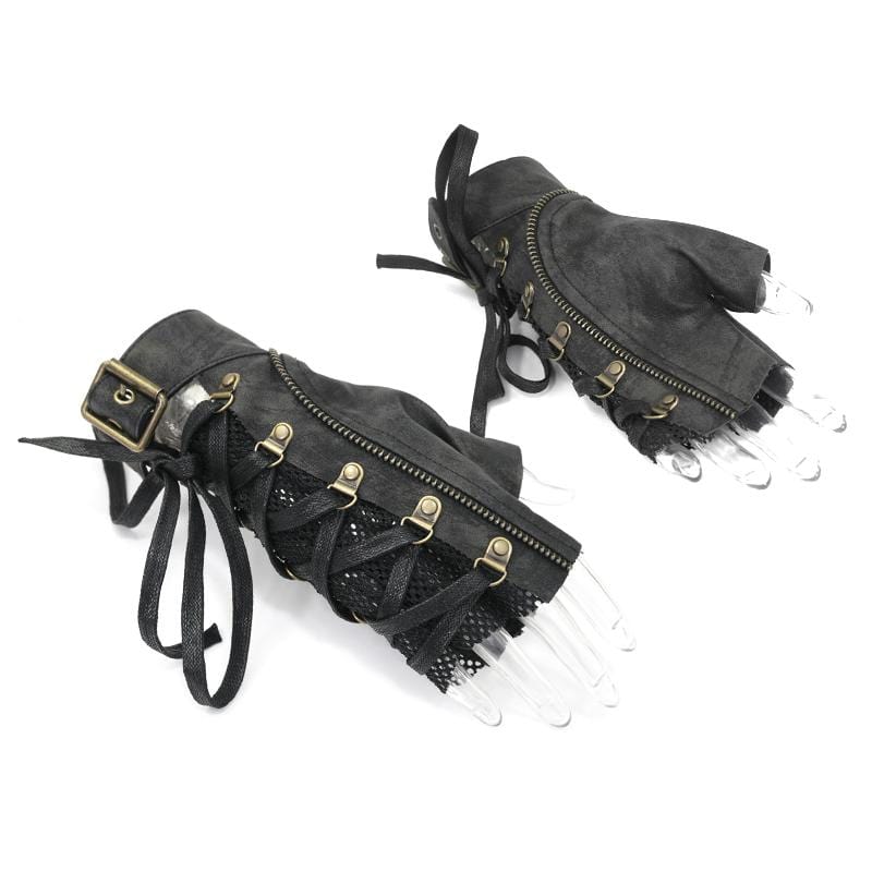 DEVIL FASHION Men's Punk Lace-up Mesh Faux Leather Half Gloves