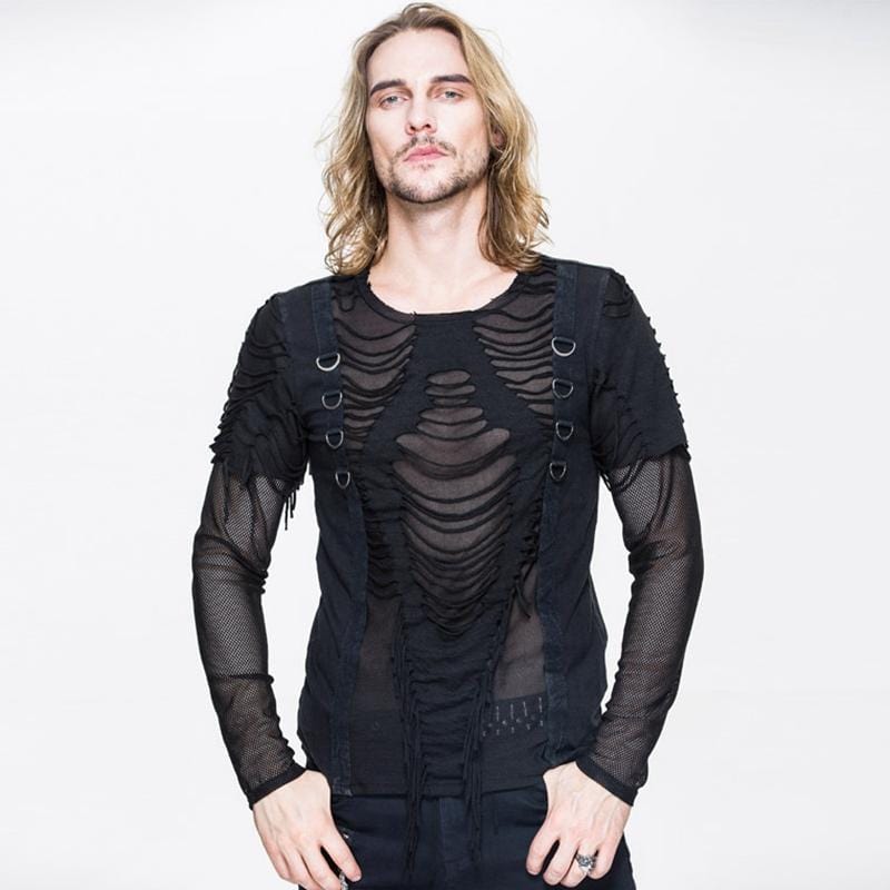 DEVIL FASHION Men's Punk Mesh and Distressed Rip T Shirt