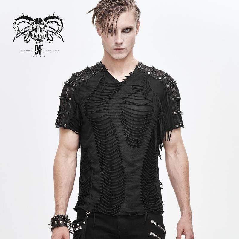 DEVIL FASHION Men's Punk Ripped Mesh T-shirts