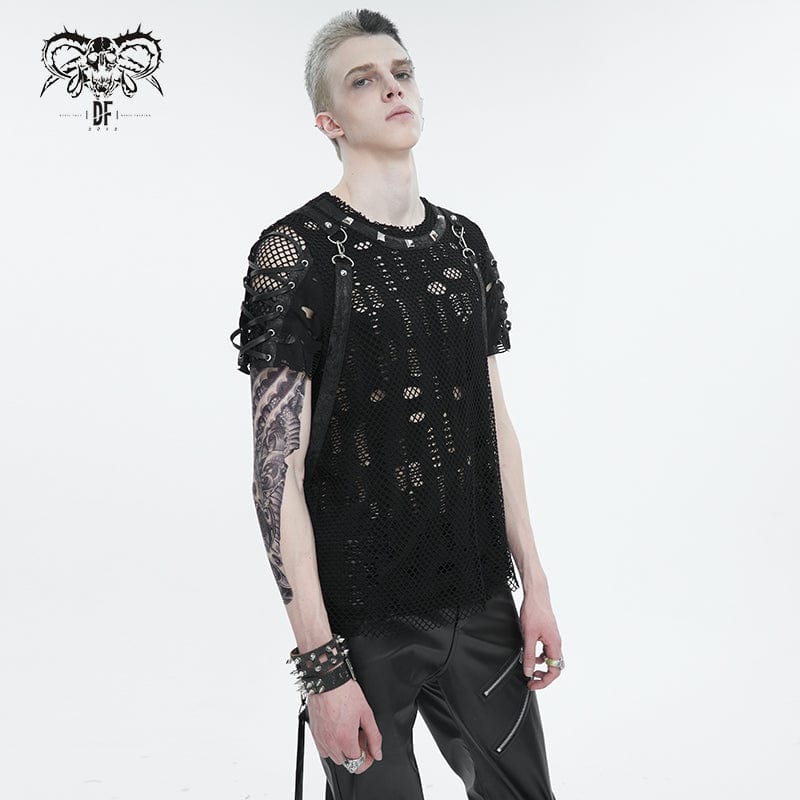 DEVIL FASHION Men's Punk Ripped Strap Mesh T-shirt