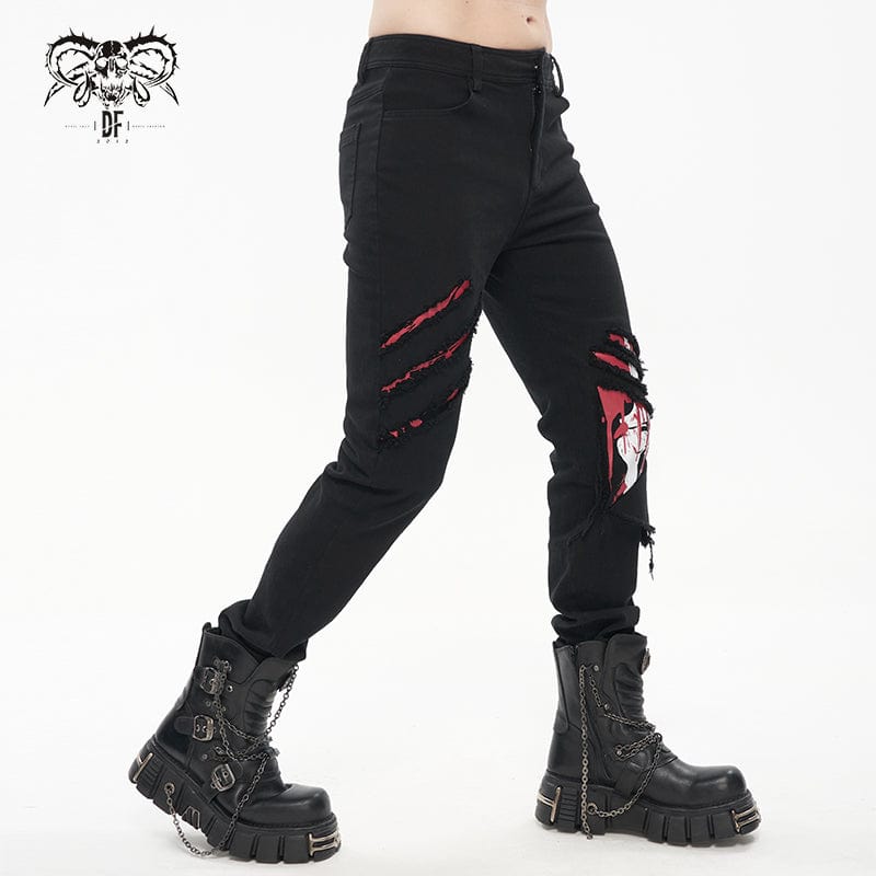 DEVIL FASHION Men's Punk Skeleton Printed Ripped Pants