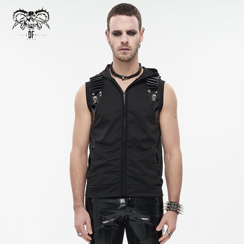 DEVIL FASHION Men's Punk Skull Faux Leather Splice Vest with Hood