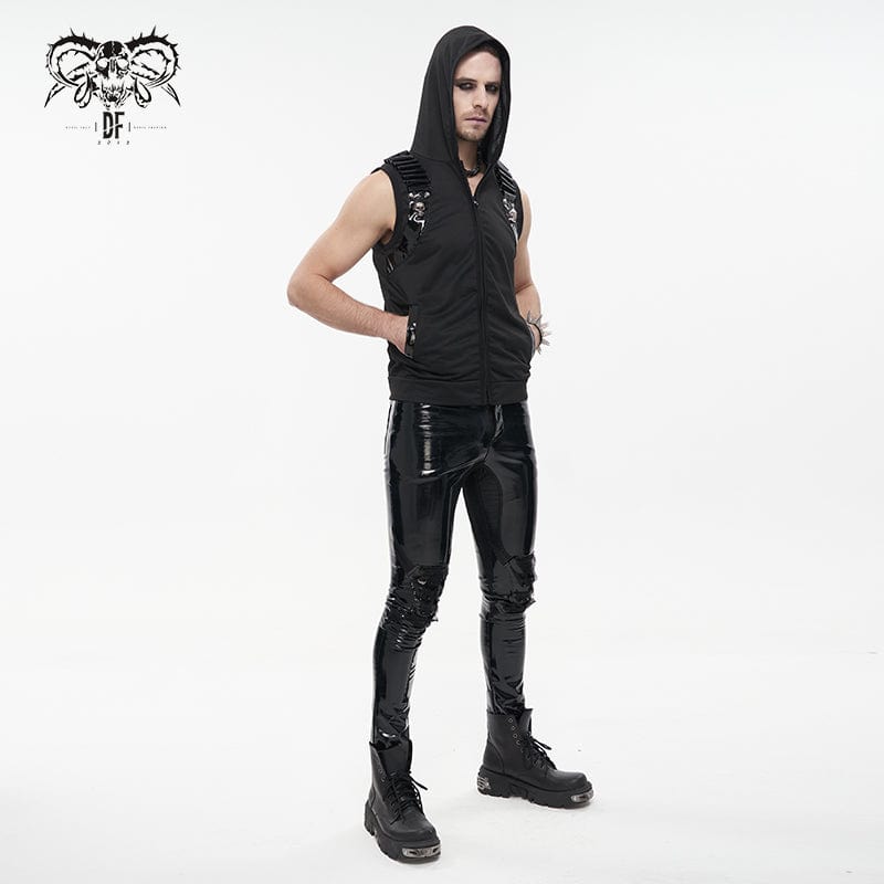 DEVIL FASHION Men's Punk Skull Faux Leather Splice Vest with Hood