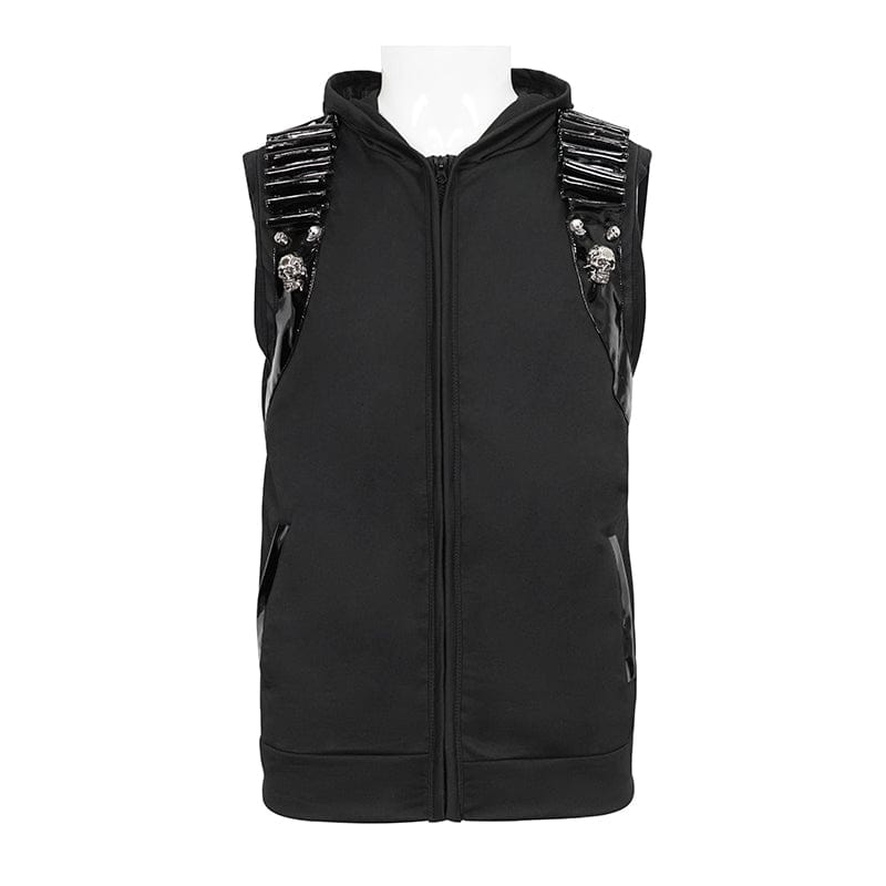 DEVIL FASHION Men's Punk Skull Faux Leather Splice Vest with Hood