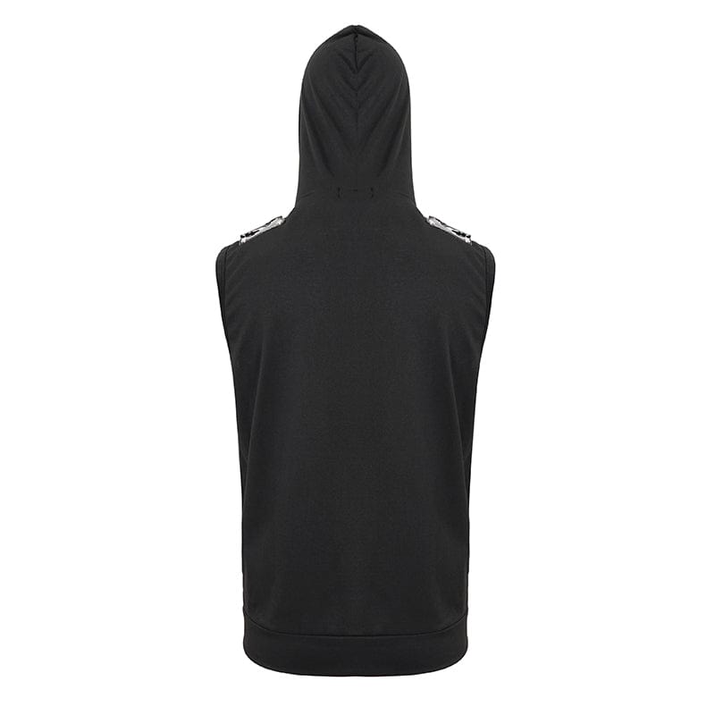 DEVIL FASHION Men's Punk Skull Faux Leather Splice Vest with Hood