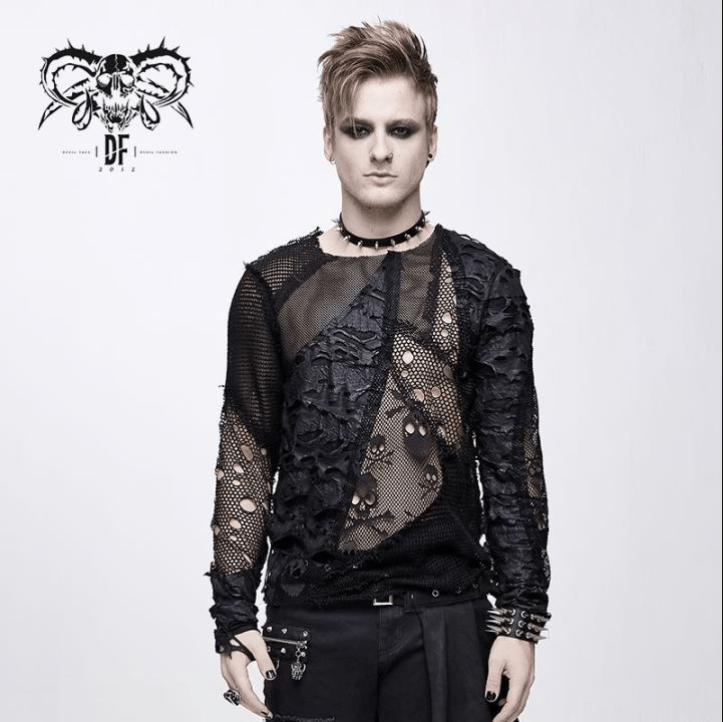 DEVIL FASHION Men's Punk Skull Ripped Long Sleeved Tops