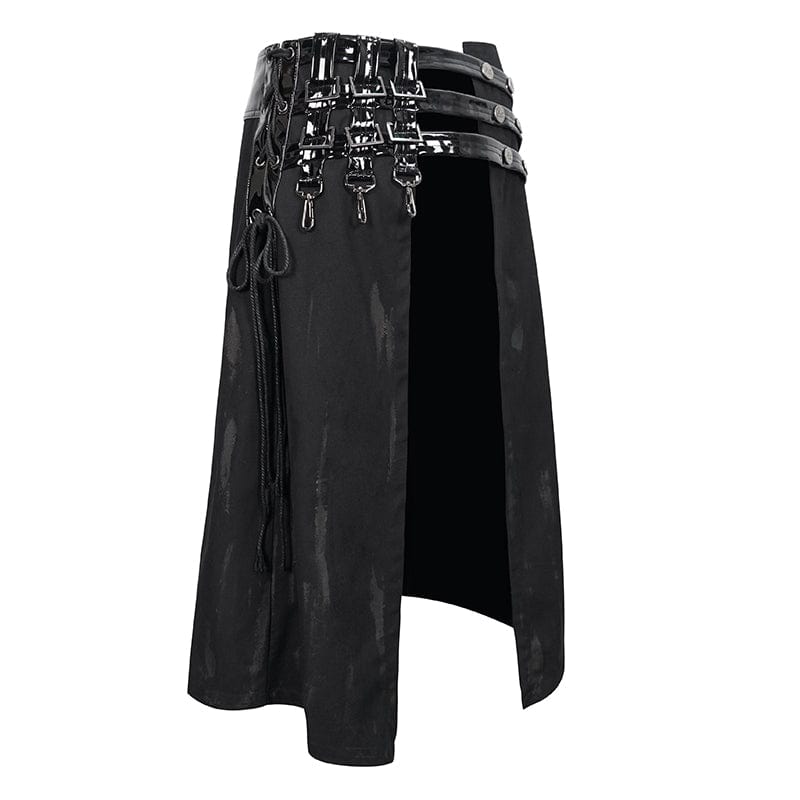 DEVIL FASHION Men's Punk Splice Distressed Kilt with Faux Patent Leather Straps