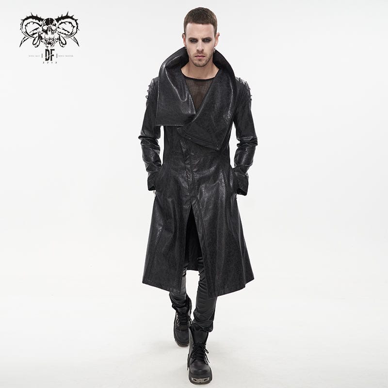 DEVIL FASHION Men's Punk Stand Collar Faux Leahter Long Coat