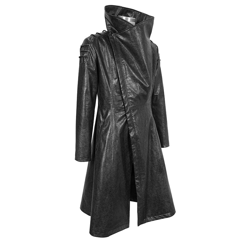 DEVIL FASHION Men's Punk Stand Collar Faux Leahter Long Coat