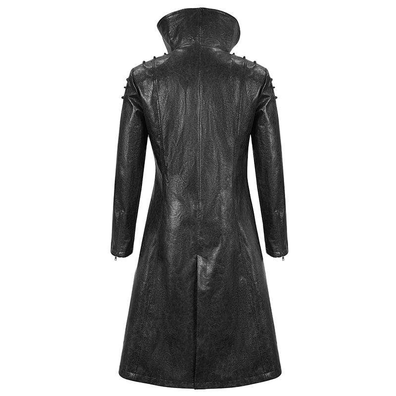 DEVIL FASHION Men's Punk Stand Collar Faux Leahter Long Coat