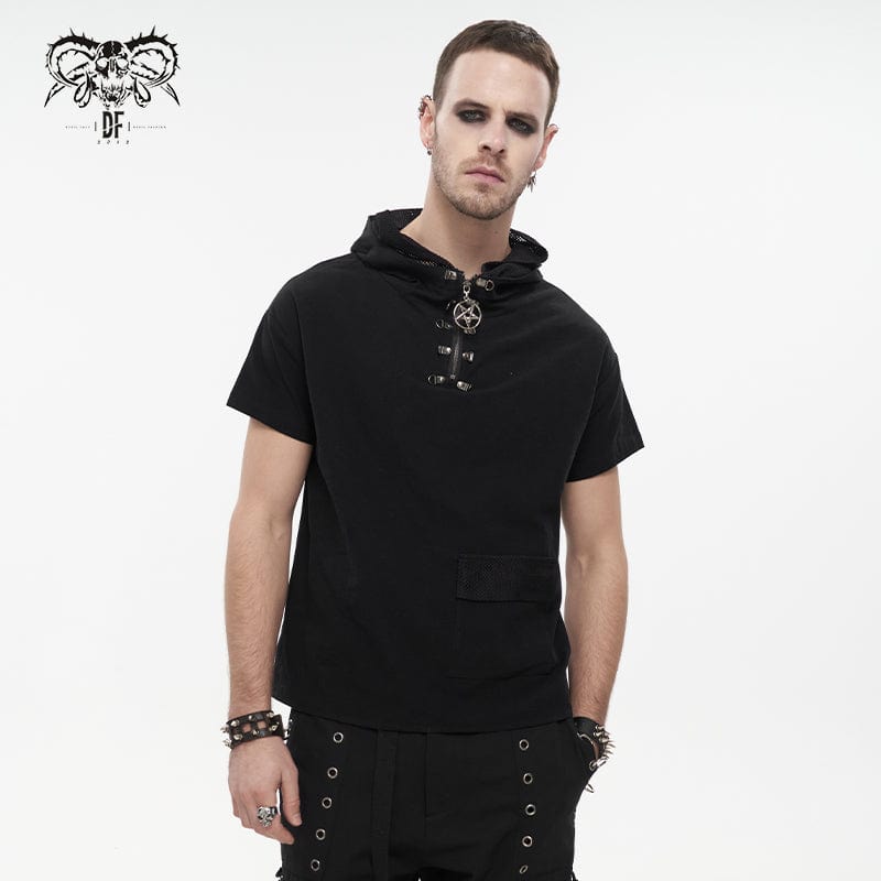 DEVIL FASHION Men's Punk Strappy Mesh Splice Shirt with Hood