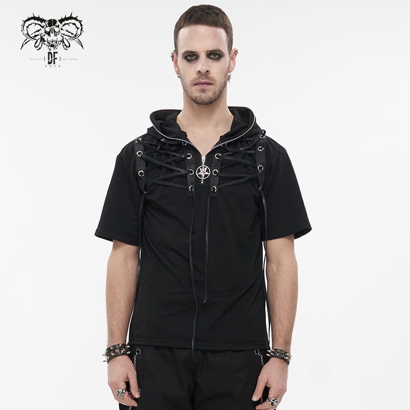 DEVIL FASHION Men's Punk Strappy Star Zipper Shirt with Hood