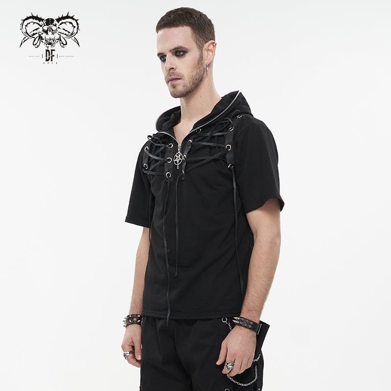 DEVIL FASHION Men's Punk Strappy Star Zipper Shirt with Hood