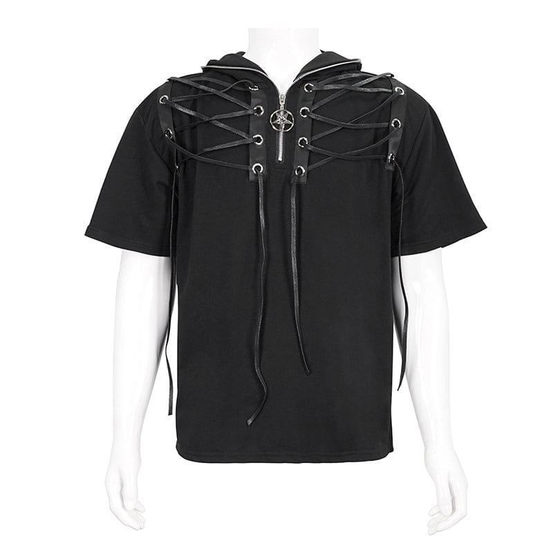 DEVIL FASHION Men's Punk Strappy Star Zipper Shirt with Hood