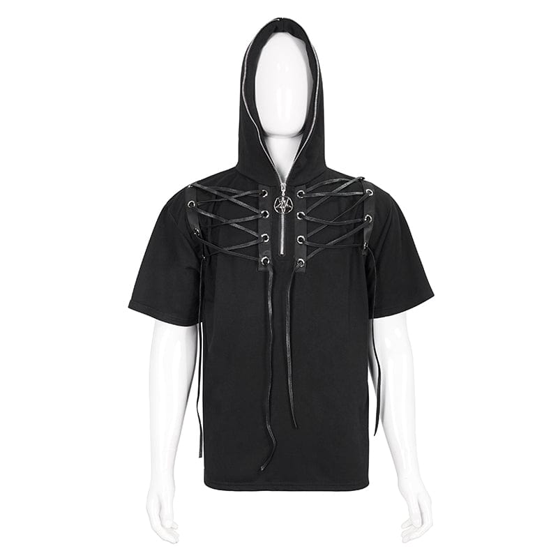 DEVIL FASHION Men's Punk Strappy Star Zipper Shirt with Hood