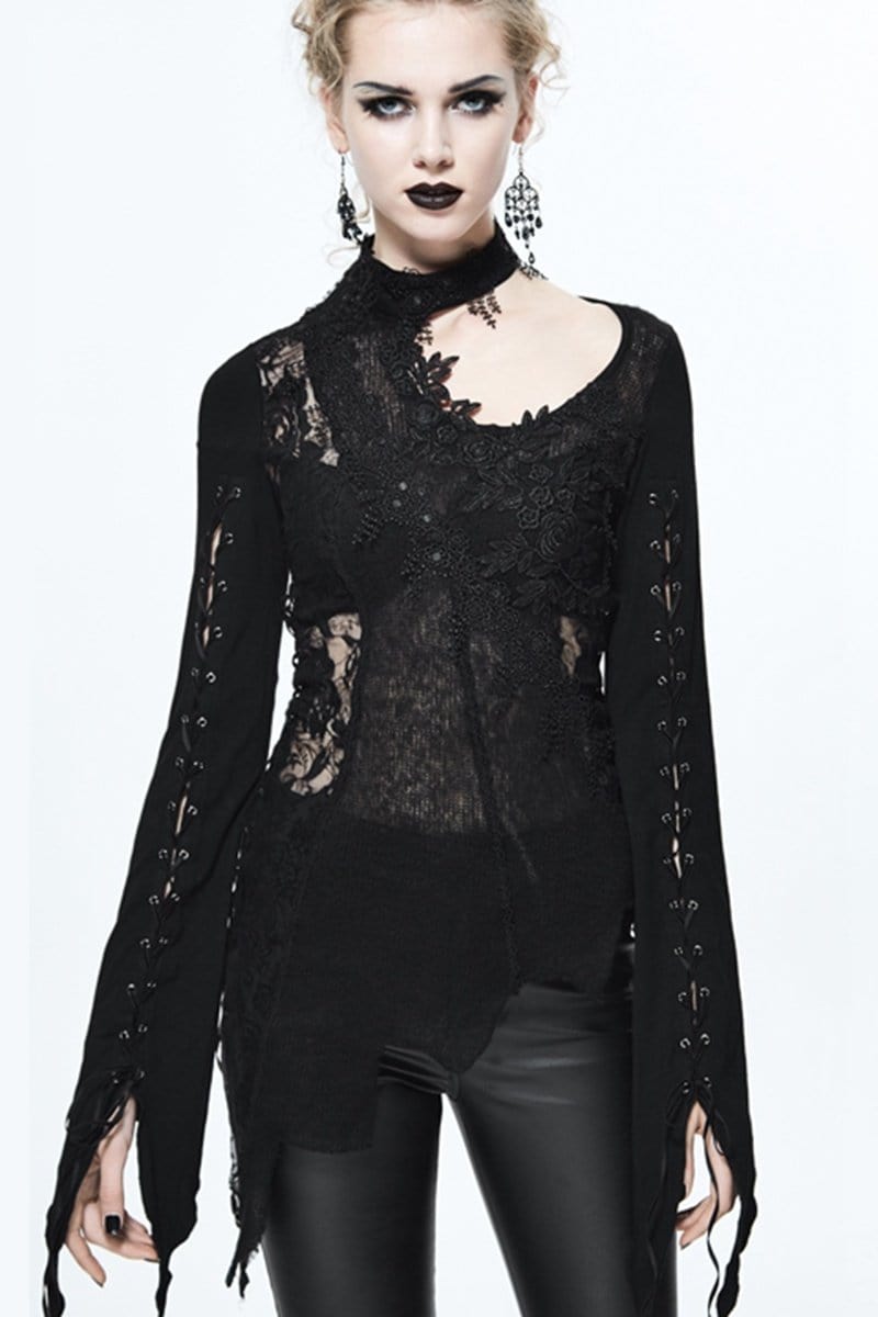 DEVIL FASHION Women's Asymmetric Lace Trimmed Goth Top