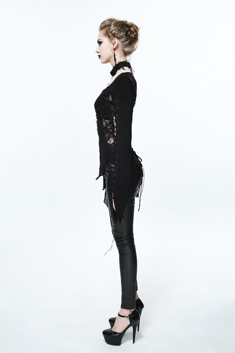 DEVIL FASHION Women's Asymmetric Lace Trimmed Goth Top