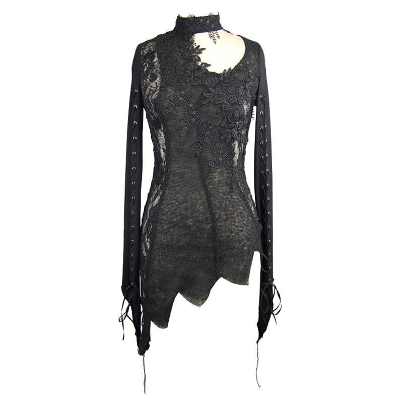 DEVIL FASHION Women's Asymmetric Lace Trimmed Goth Top