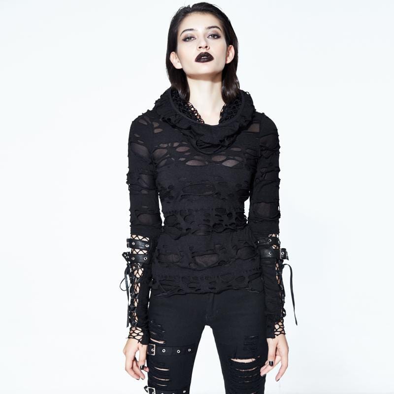 DEVIL FASHION Women's Distressed Hooded Punk Goth Top
