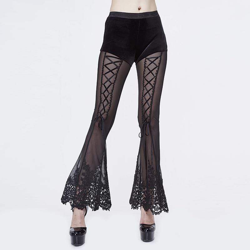 DEVIL FASHION Women's Goth Floral Lace Sheer Bell-bottoms
