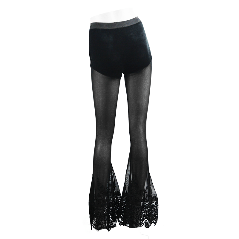 DEVIL FASHION Women's Goth Floral Lace Sheer Bell-bottoms