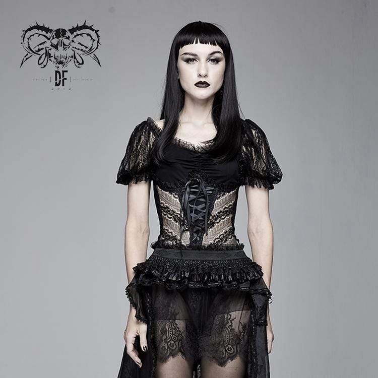 Women's Goth Sheer Lace Puff Sleeved Tops