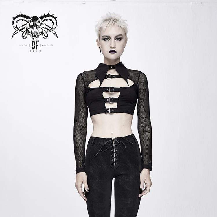 DEVIL FASHION Women's Goth Straps Mesh Short Tops