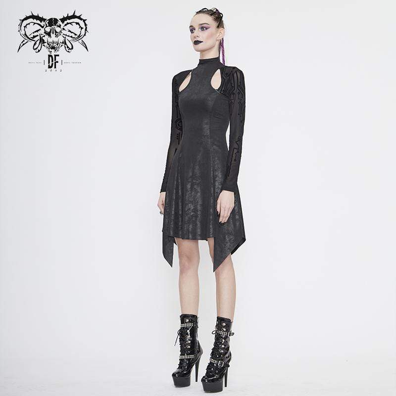 Women's Gothic Asymmetrical Flared Long Sleeved Dresses with Tear-Drop Cut-out Details