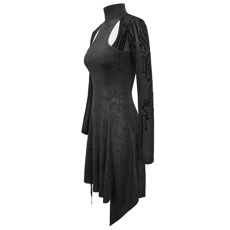 DEVIL FASHION Women's Gothic Asymmetrical Flared Long Sleeved Dresses with Tear-Drop Cut-out Details