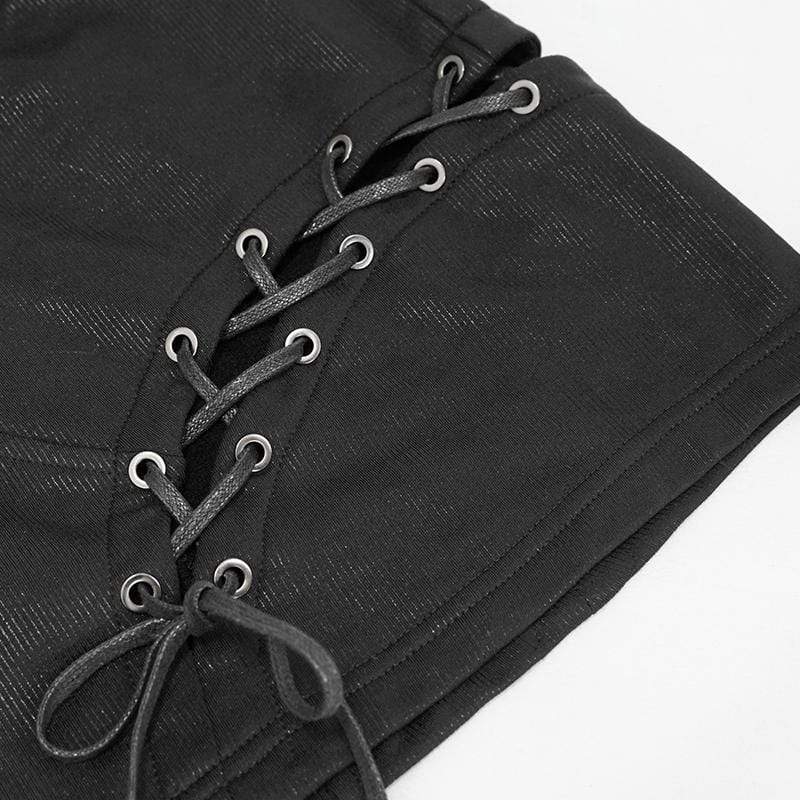 Women's Gothic Black Faux Leather and Lacing Detailed Short Skirts