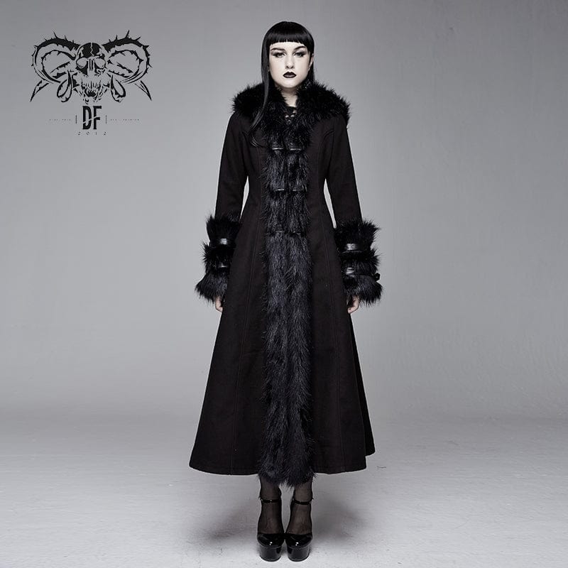 Devil Fashion Women's Gothic Black Hooded Dresses With Detachable Fluffy Accessories