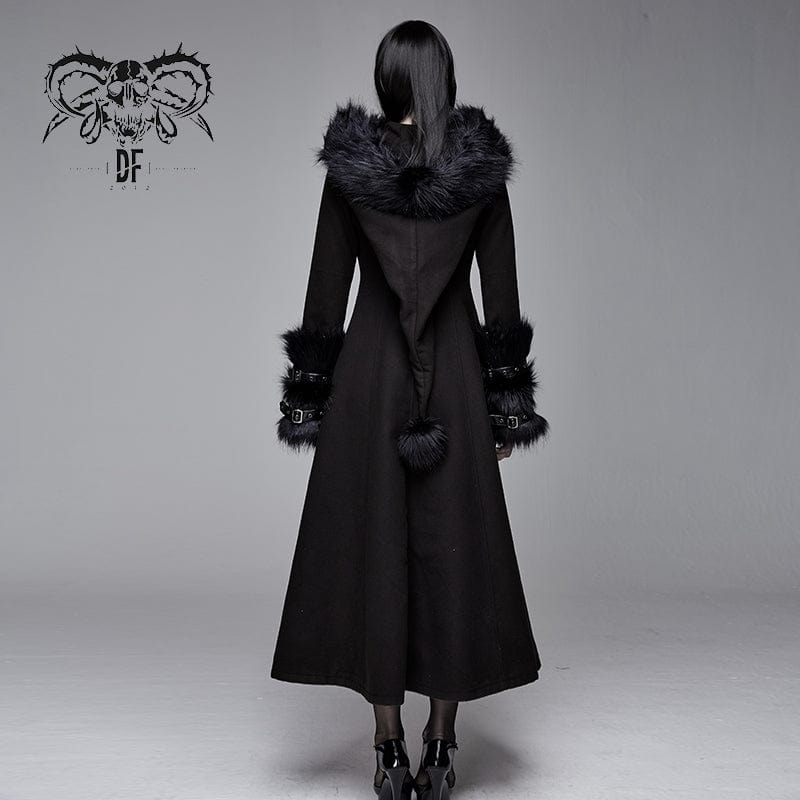 Devil Fashion Women's Gothic Black Hooded Dresses With Detachable Fluffy Accessories